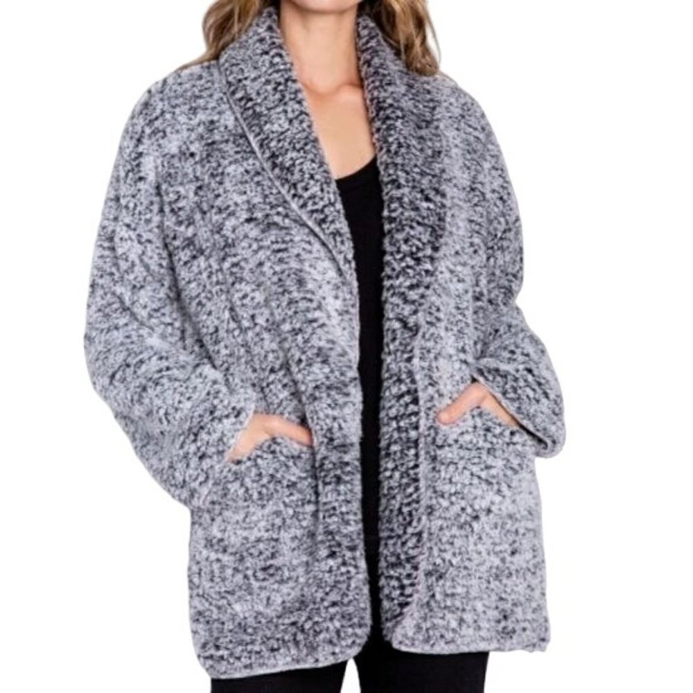 PJ Salvage Cozy Shearling Cardigan Choose Happiness RECOCA Black